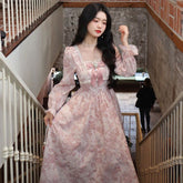 BXOXO party look inspos Long Sleeve Midi Dress Women Sweet Princess Girls Floral Print Flattering Waist Bow Square Collar Spring Design Elegant Temper